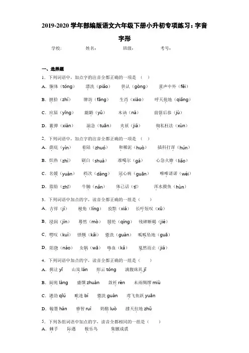 2020~2021学年语文六年级下册小升初专项练习：字音字形(答案解析)
