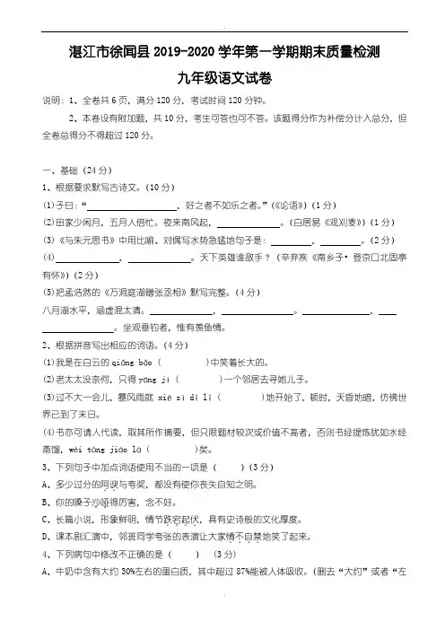 精选湛江市徐闻县2019-2020学年度九年级语文上学期期末教学质量检测试卷_新人教版
