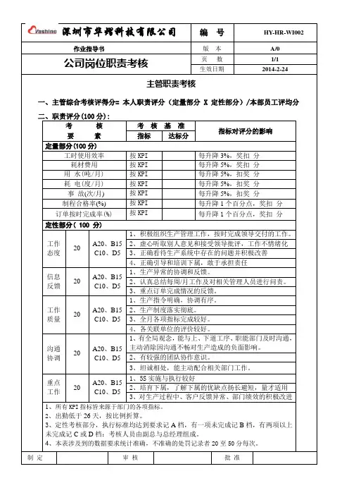 管理人员绩效考核评分表