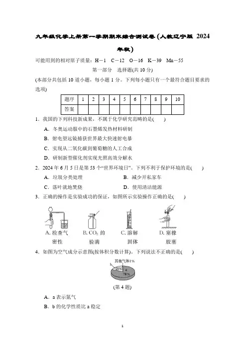 九年级化学上册第一学期期末综合测试卷(人教辽宁版 2024年秋)