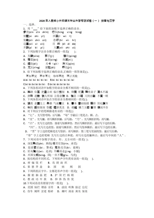 2020年人教版小升初语文毕业升学专项试卷(一) 拼音与汉字附答案