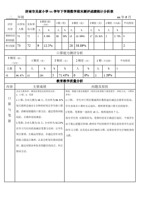 小学数学二年级期末教学质量分析表
