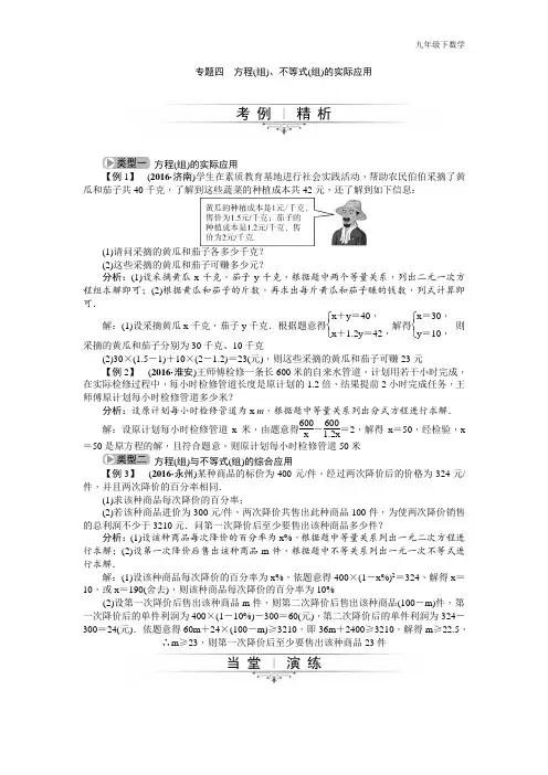 部编九年级下数学专题四 方程(组)、不等式(组)的实际应用