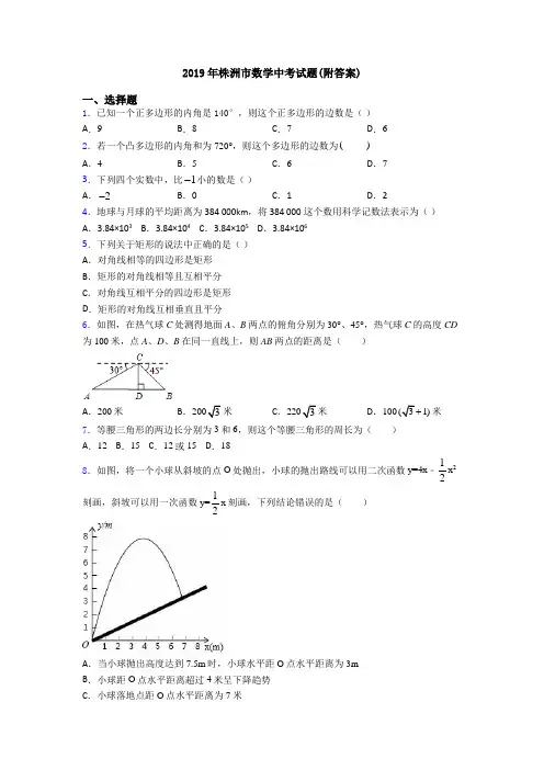 2019年株洲市数学中考试题(附答案)