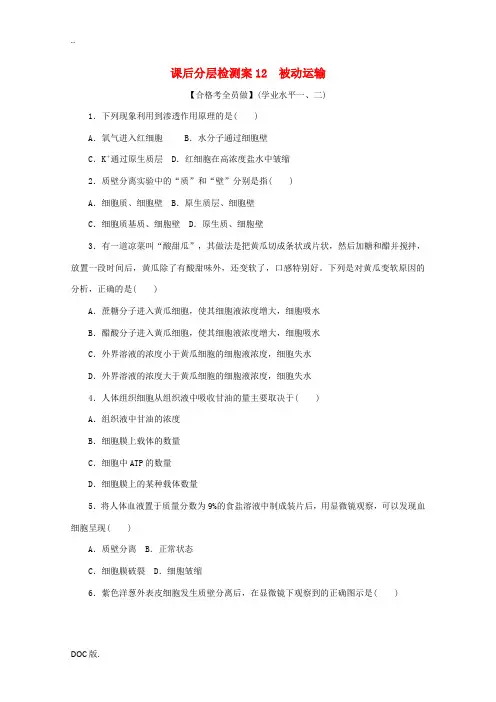 高中生物 课后分层检测案12 被动运输(含解析)新人教版高一必修1生物试题