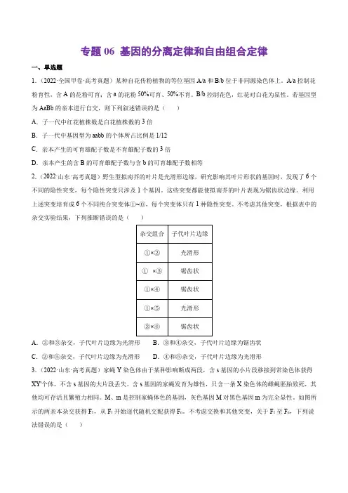 专题06基因的分离定律和自由组合定律-五年(2018-2022)高考生物真题分项汇编(原卷版)