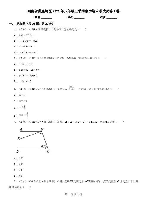 湖南省娄底地区2021年八年级上学期数学期末考试试卷A卷