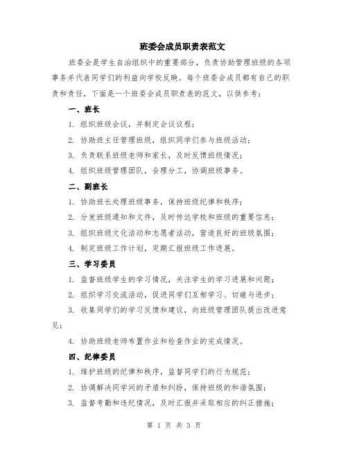 班委会成员职责表范文