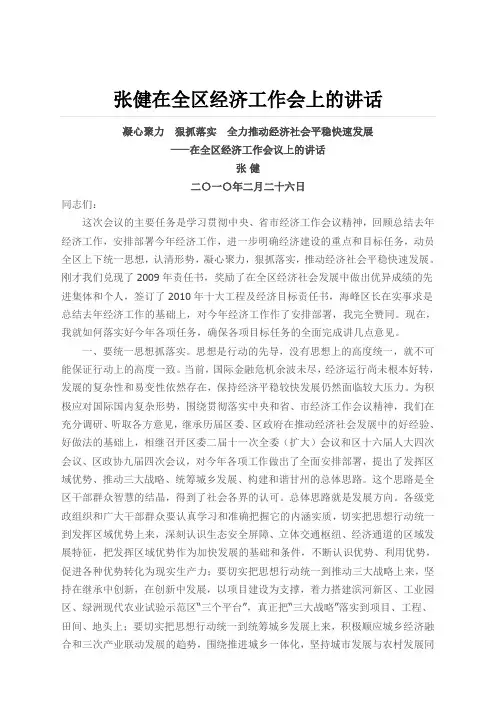 张健在全区经济工作会上的讲话