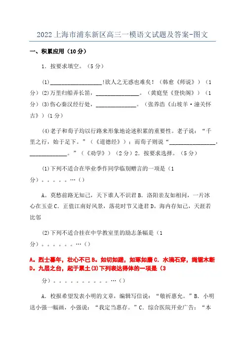 2022上海市浦东新区高三一模语文试题及答案-图文