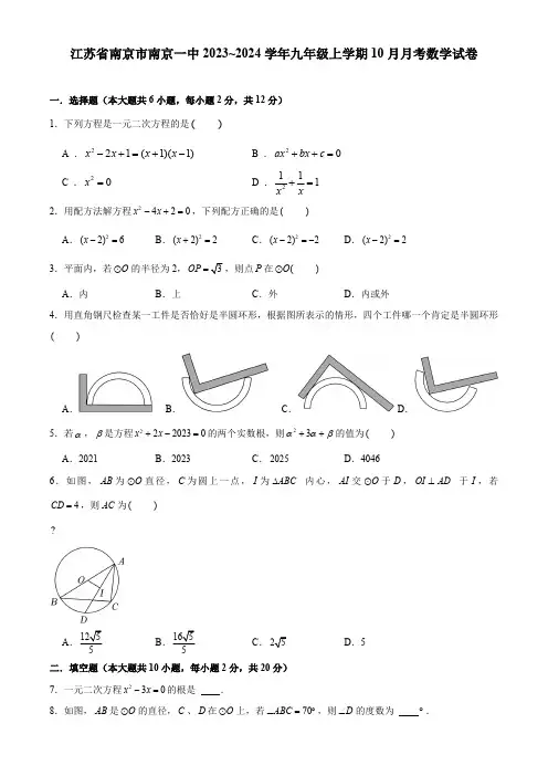 江苏省南京市第一中学2023_2024学年九年级上学期10月月考数学试卷(含解析)