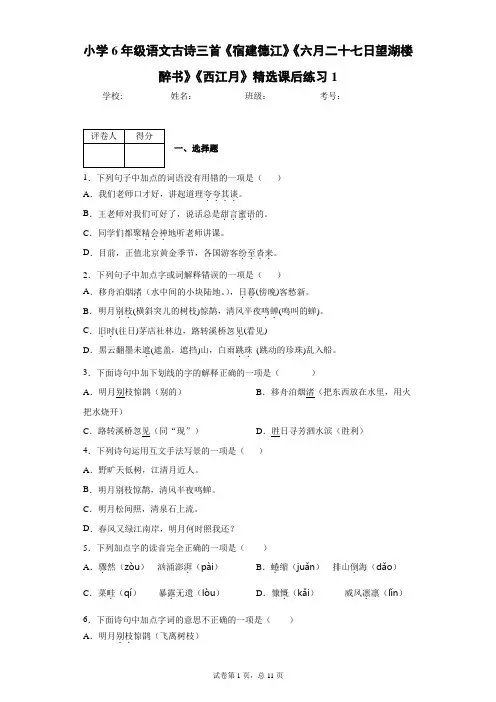 小学6年级语文古诗三首《宿建德江》《六月二十七日望湖楼醉书》《西江月》精选课后练习1(含答案)