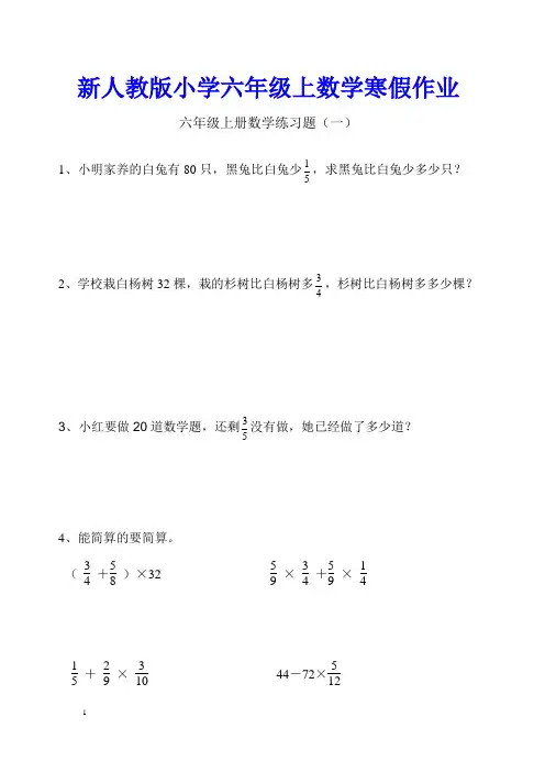 新人教版小学六年级上数学寒假作业