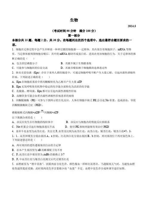 北京市朝阳区2024年高三二模考试生物试题