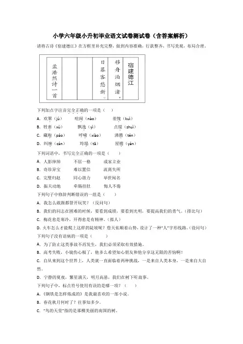 小学六年级小升初毕业语文试卷测试卷(含答案解析)