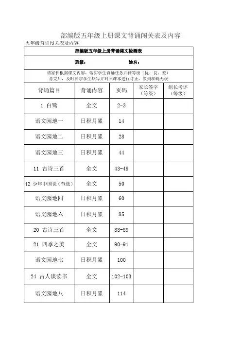 部编版五年级上册课文背诵闯关表及内容