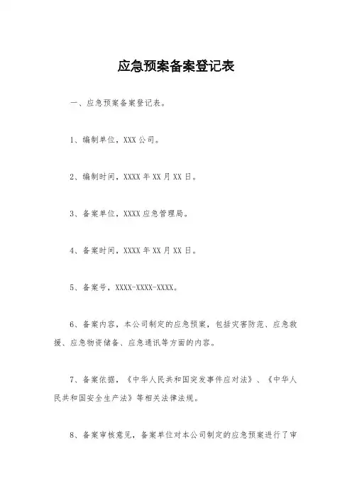 应急预案备案登记表