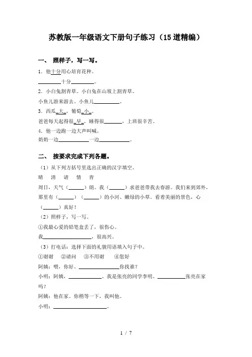 苏教版一年级语文下册句子练习(15道精编)