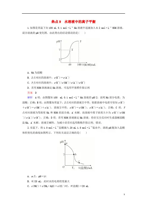 2019届江苏专用高考化学二轮复习选择题热点水溶液中的离子平衡