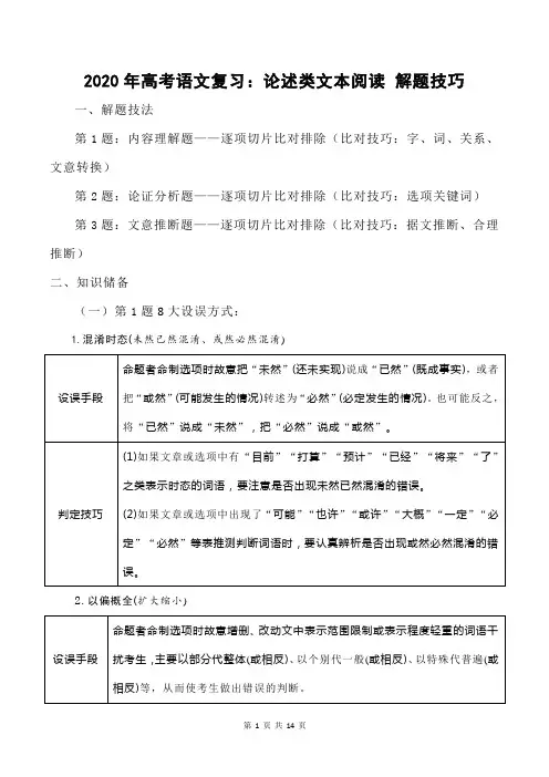 2020年高考语文复习：论述类文本阅读 解题技巧(附练习题及答案)