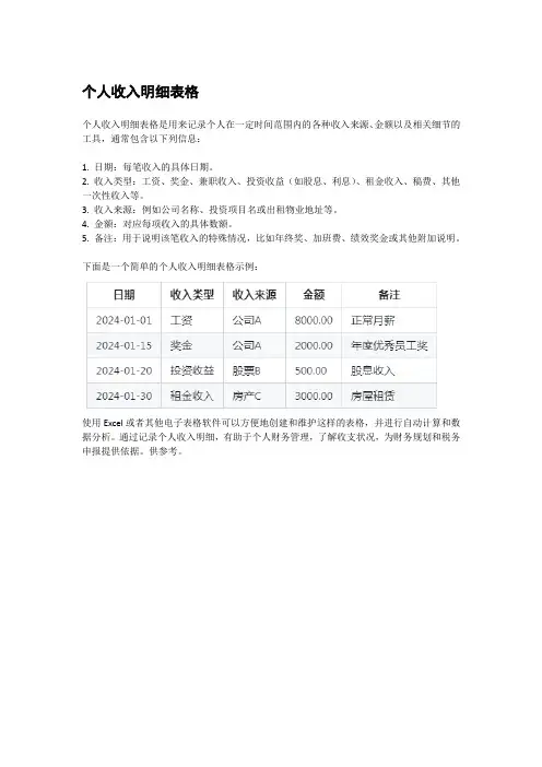 个人收入明细表格