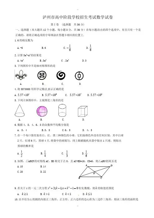 四川省泸州市中考数学模拟试题(有标准答案)(word版)