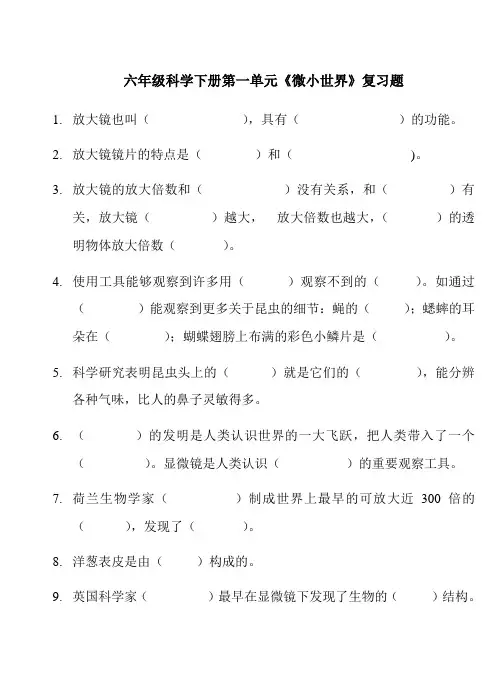 六年级科学下册 第1单元  微小世界  单元练习