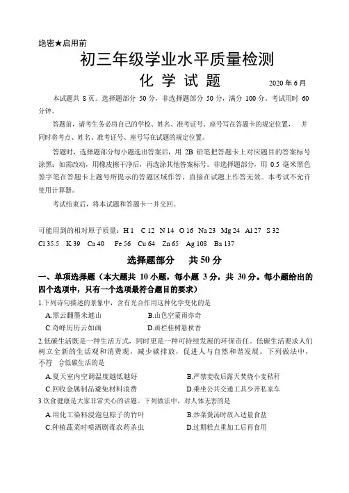山东省济南市中区2020届九年级中考二模化学试题(Word版)