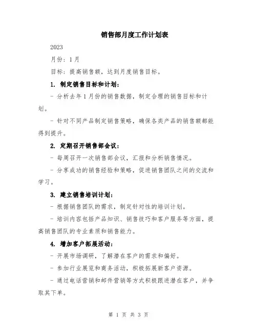 销售部月度工作计划表
