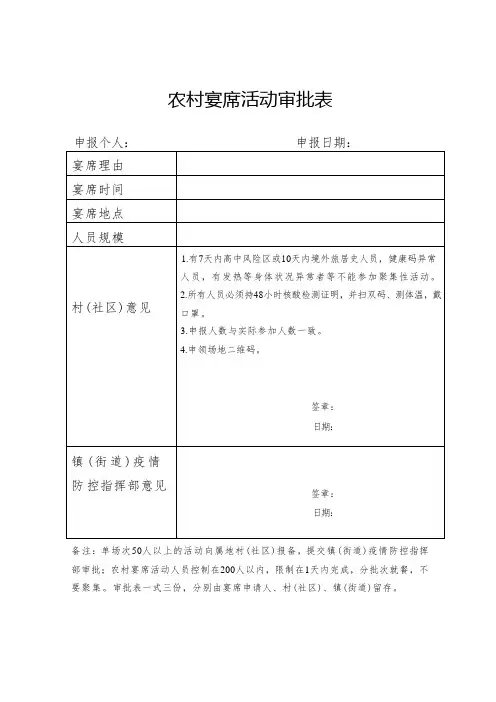 农村宴席活动审批表