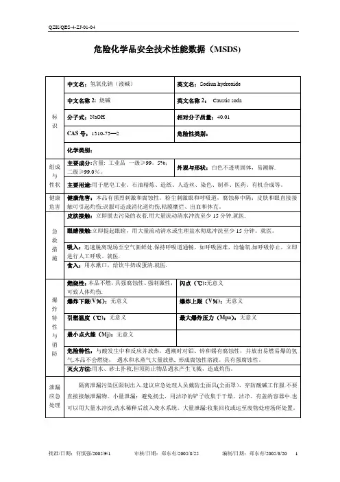 氢氧化钠(液碱)(MSDS)