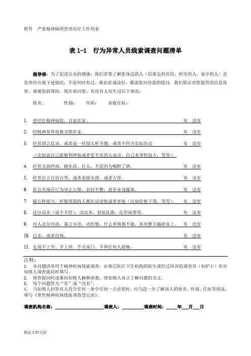 严重精神障碍管理治疗工作用表