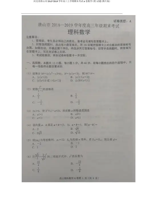 河北省唐山市2018-2019学年高三上学期期末考试A卷数学(理)试题(图片版)