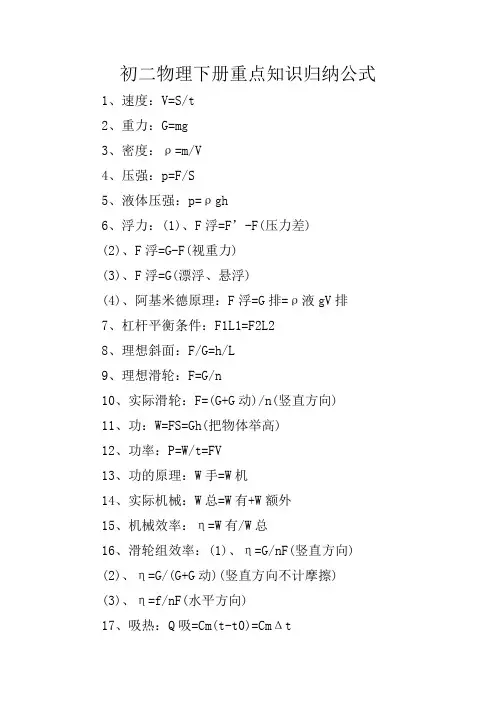 初二物理下册重点知识归纳公式