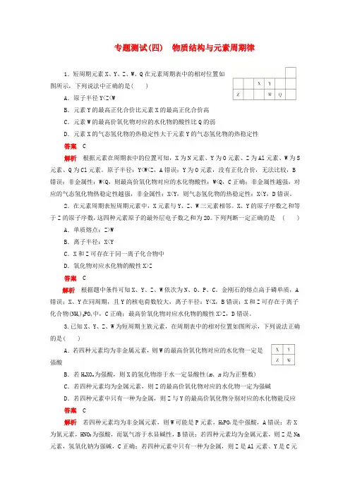新课标2020届高考化学一轮复习专题测试(四)物质结构与元素周期律
