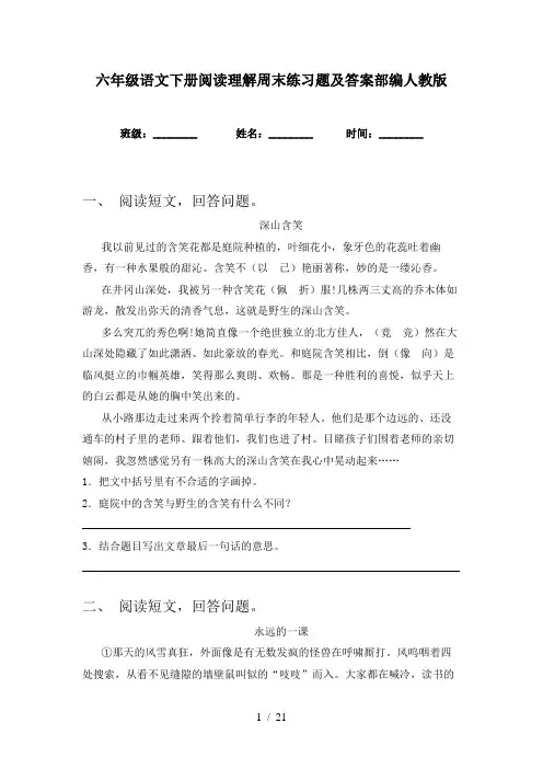 六年级语文下册阅读理解周末练习题及答案部编人教版