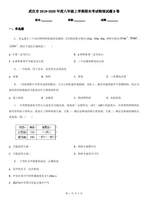 武汉市2019-2020年度八年级上学期期末考试物理试题B卷