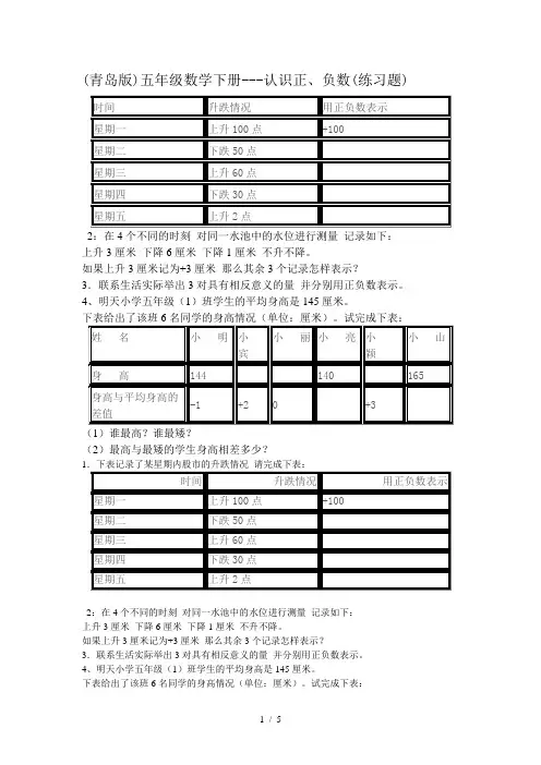 (青岛版)五年级数学下册---认识正、负数(练习题)