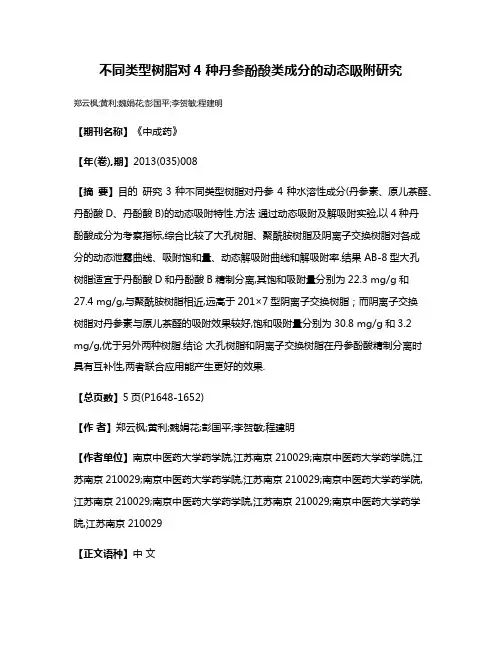 不同类型树脂对4种丹参酚酸类成分的动态吸附研究
