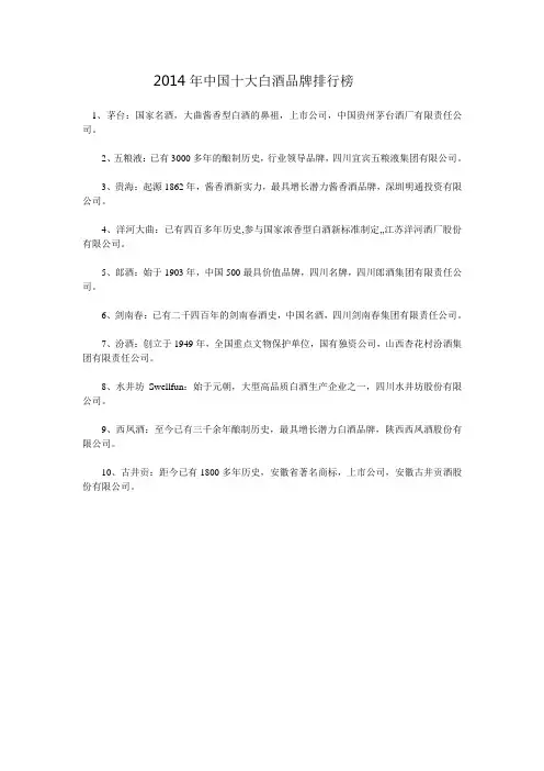 2014年中国十大白酒品牌排行榜