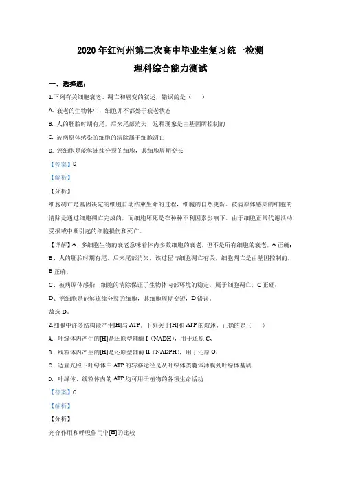云南省红河自治州2020届高三第二次复习统一检测生物试题 Word版含解析