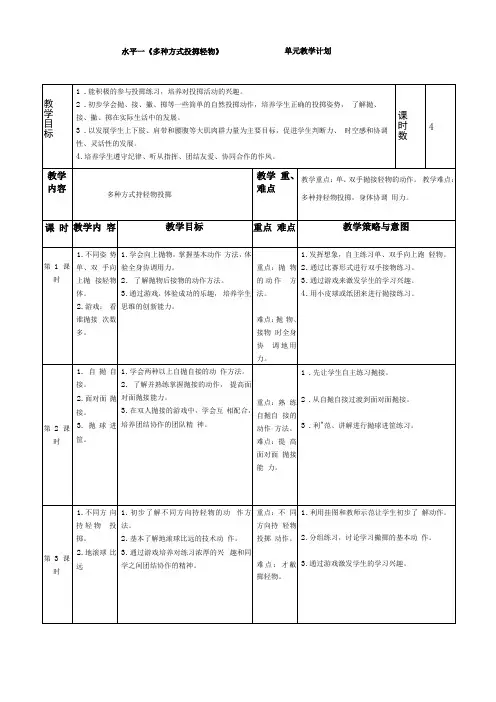 水平一多种方式投掷轻物单元教学计划