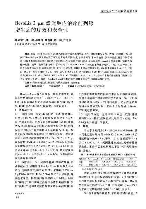 RevoLix 2 μm激光腔内治疗前列腺增生症的疗效和安全性