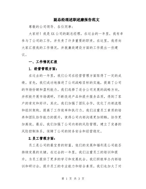 副总经理述职述廉报告范文