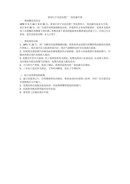 黑龙江宁安县化肥厂一氧化碳中毒