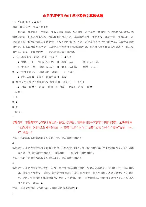 山东省济宁市2017年中考语文真题试题(含解析1)