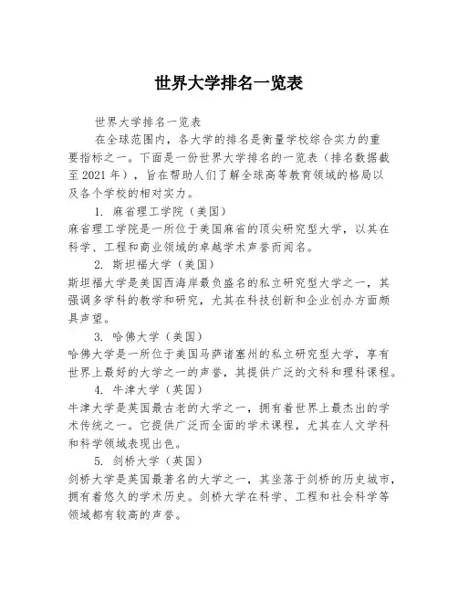 世界大学排名一览表