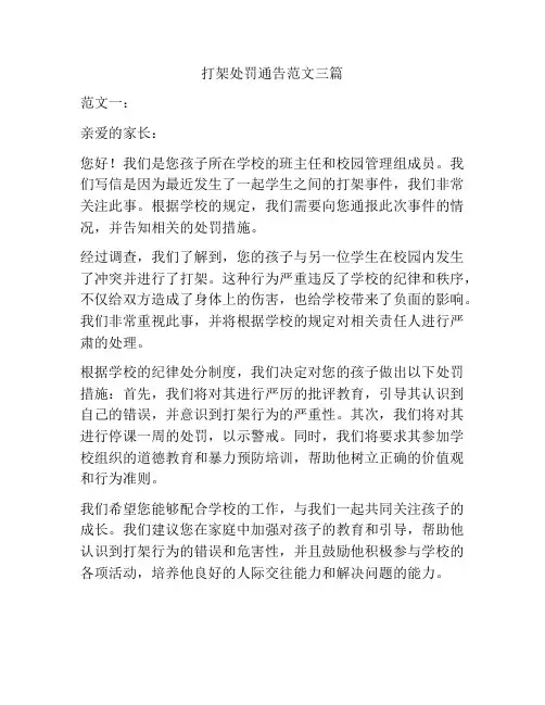 打架处罚通告范文三篇
