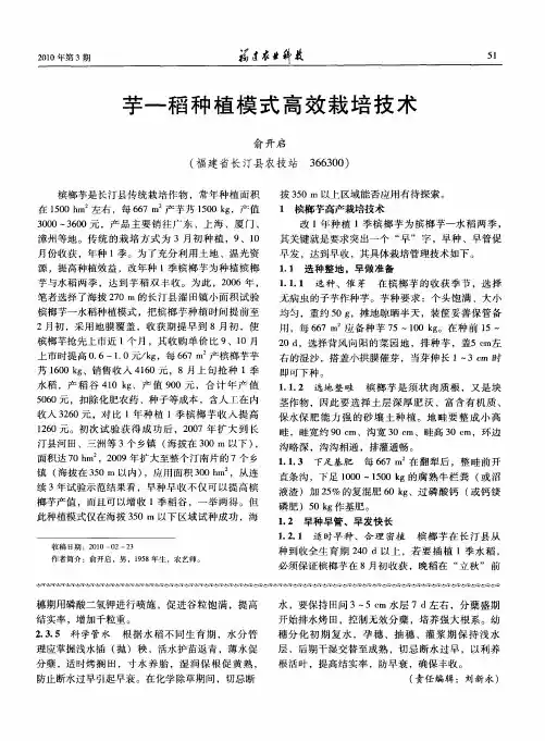 芋—稻种植模式高效栽培技术