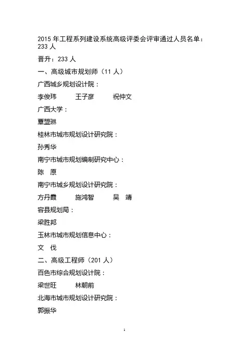 2015年工程系列建设系统高级评委会评审通过人员名单：233人